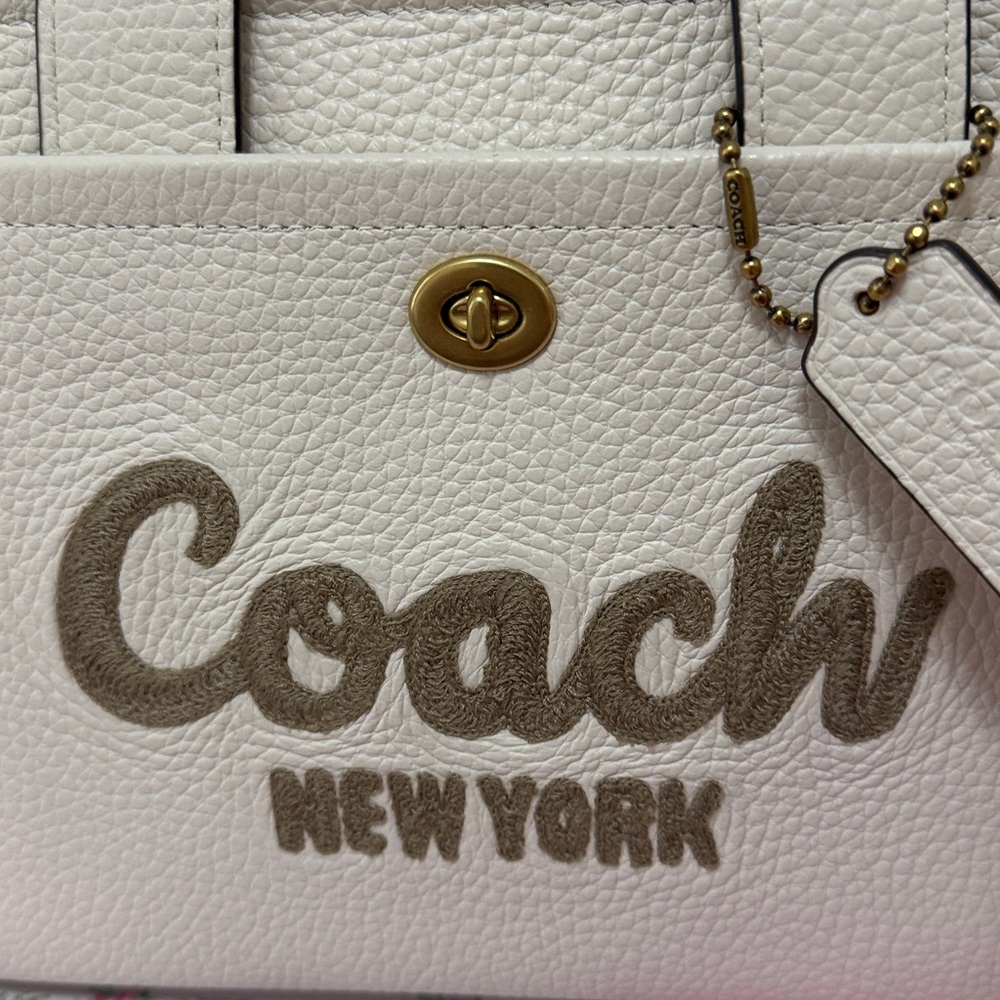 Coach White Pebbled Leather Tote with Taupe Logo and Trim - Picture 9 of 12